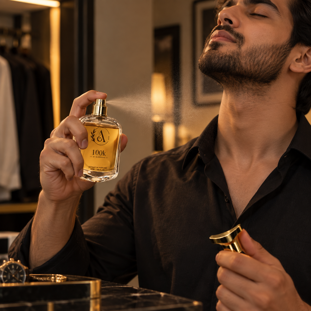 100K by Alleerans Extrait de Parfum 50ML bottle surrounded by fresh citrus and leaves