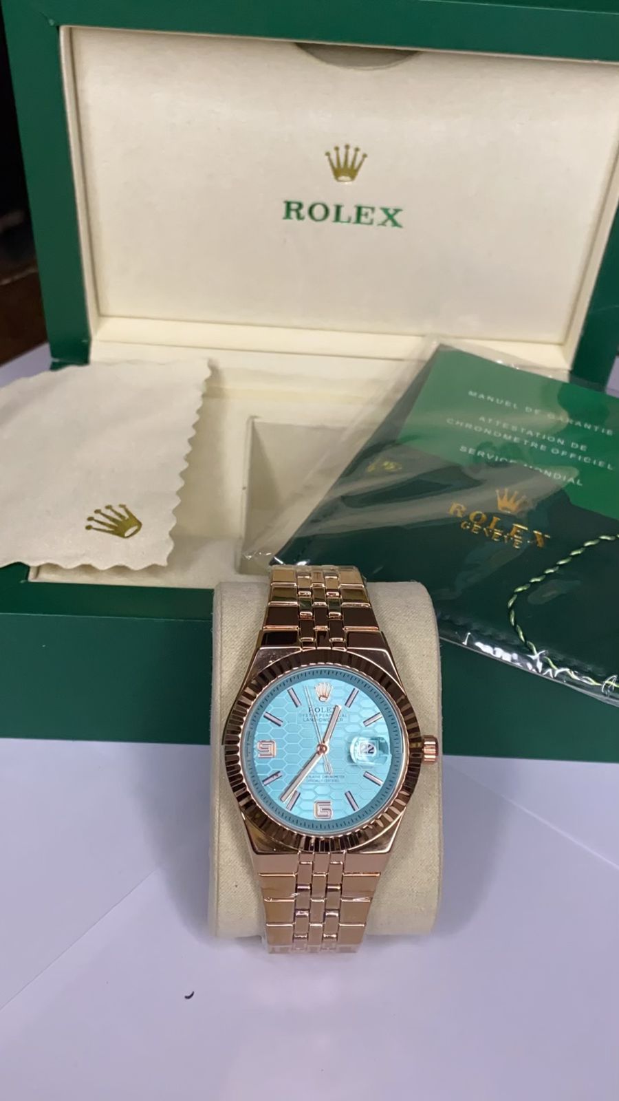 Rolex Datejust Jubilee Style Watch – Ice Blue & Silver Gold Box Set