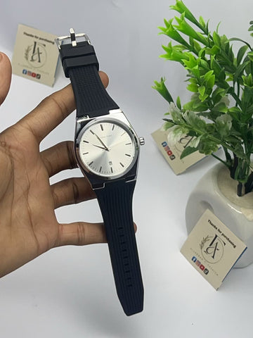 Minimalist Silver Dress Watch – White Sunray Dial Black Rubber Strap