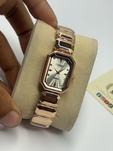 Rectangular Geometric Ladies Watch – Rose Gold & Silver