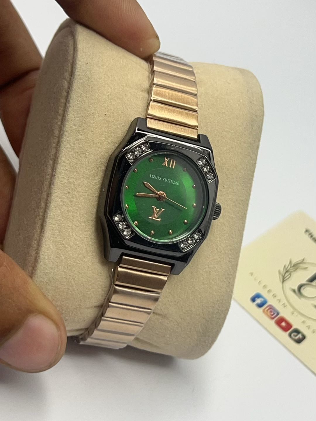 Emerald Green Dial Octagonal Ladies Watch – Black & Rose Gold