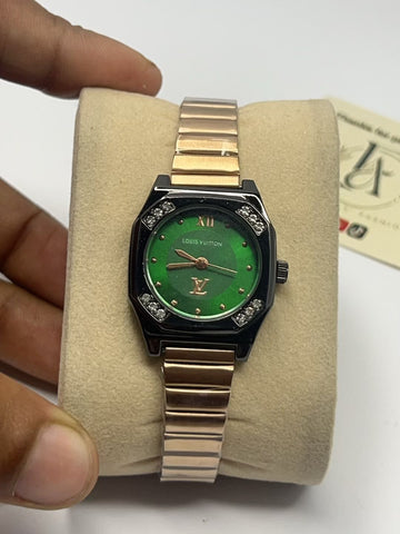 Emerald Green Dial Octagonal Ladies Watch – Black & Rose Gold