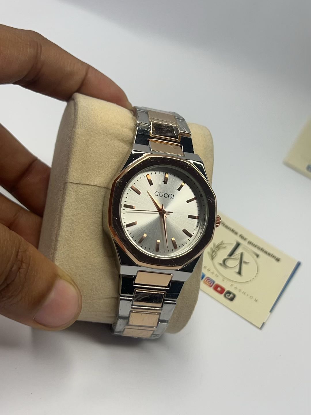 Two-Tone Octagonal Ladies Watch – Silver & Rose Gold Sunray Dial