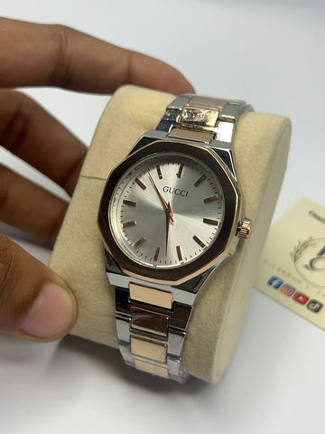 Two-Tone Octagonal Ladies Watch – Silver & Rose Gold Sunray Dial