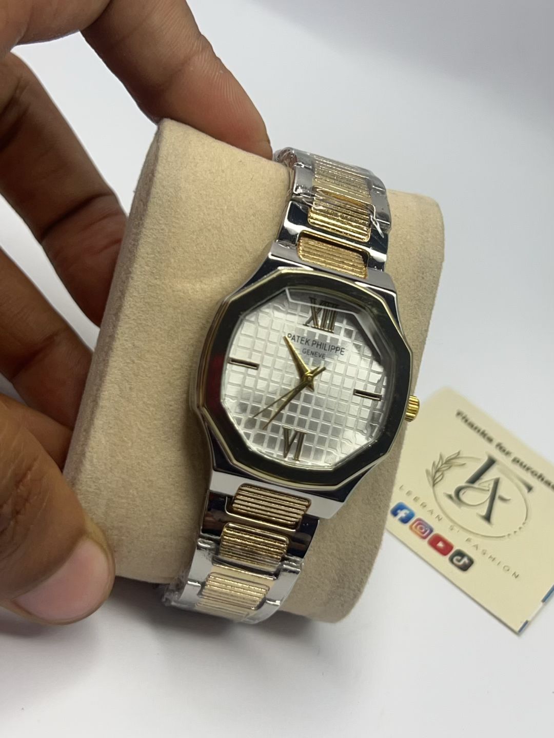 Two-Tone Octagonal Ladies Watch – Silver & Gold Grid Dial