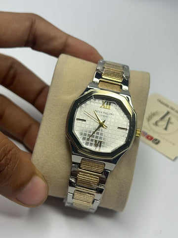 Two-Tone Octagonal Ladies Watch – Silver & Gold Grid Dial
