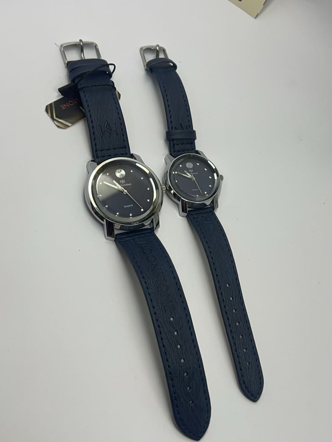 Moonston Navy Blue Leather Couple Watch Set