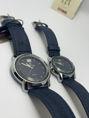 Moonston Navy Blue Leather Couple Watch Set