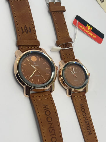 Moonston Tan Leather Couple Watch Set – Rose Gold