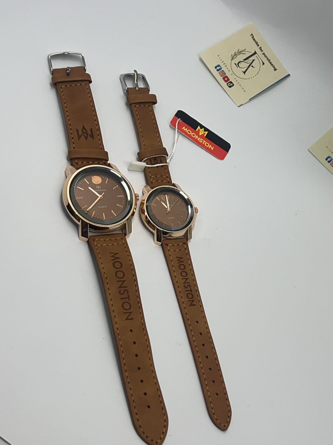 Moonston Tan Leather Couple Watch Set – Rose Gold