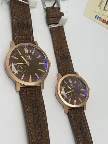 Moonston Leather Couple Watch Set – Rose Gold Brown