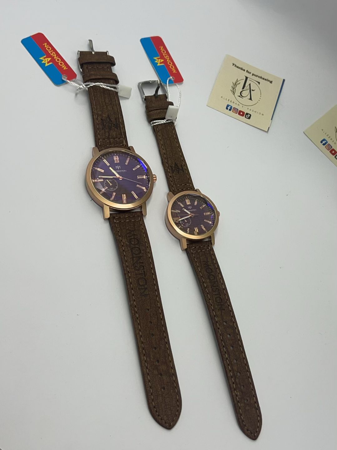 Moonston Leather Couple Watch Set – Rose Gold Brown