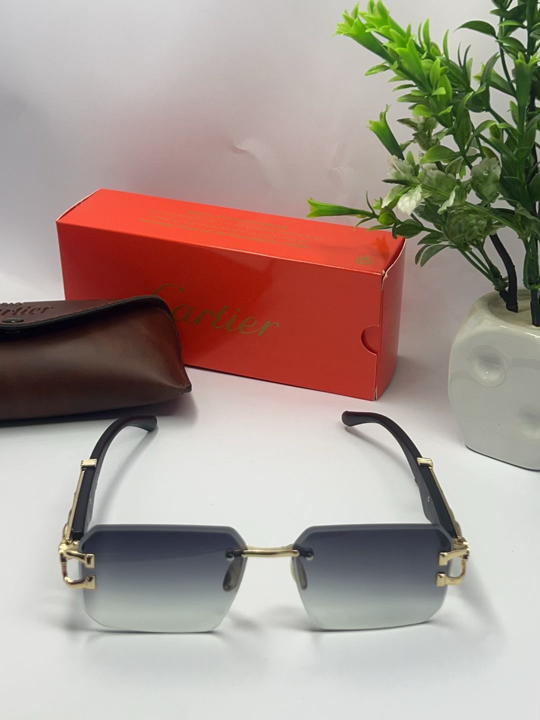 Alleerans Panther Temple Rimless Luxury Sunglasses – Gradient Grey