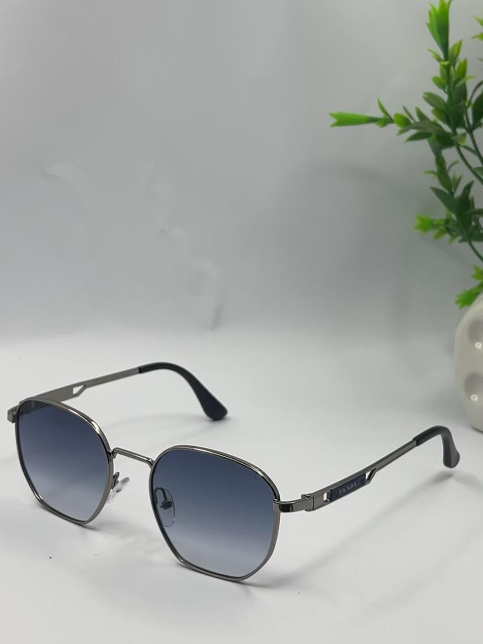 Prada Style Hexagonal Oversized Sunglasses – Gunmetal Frame Blue Smoke Lens