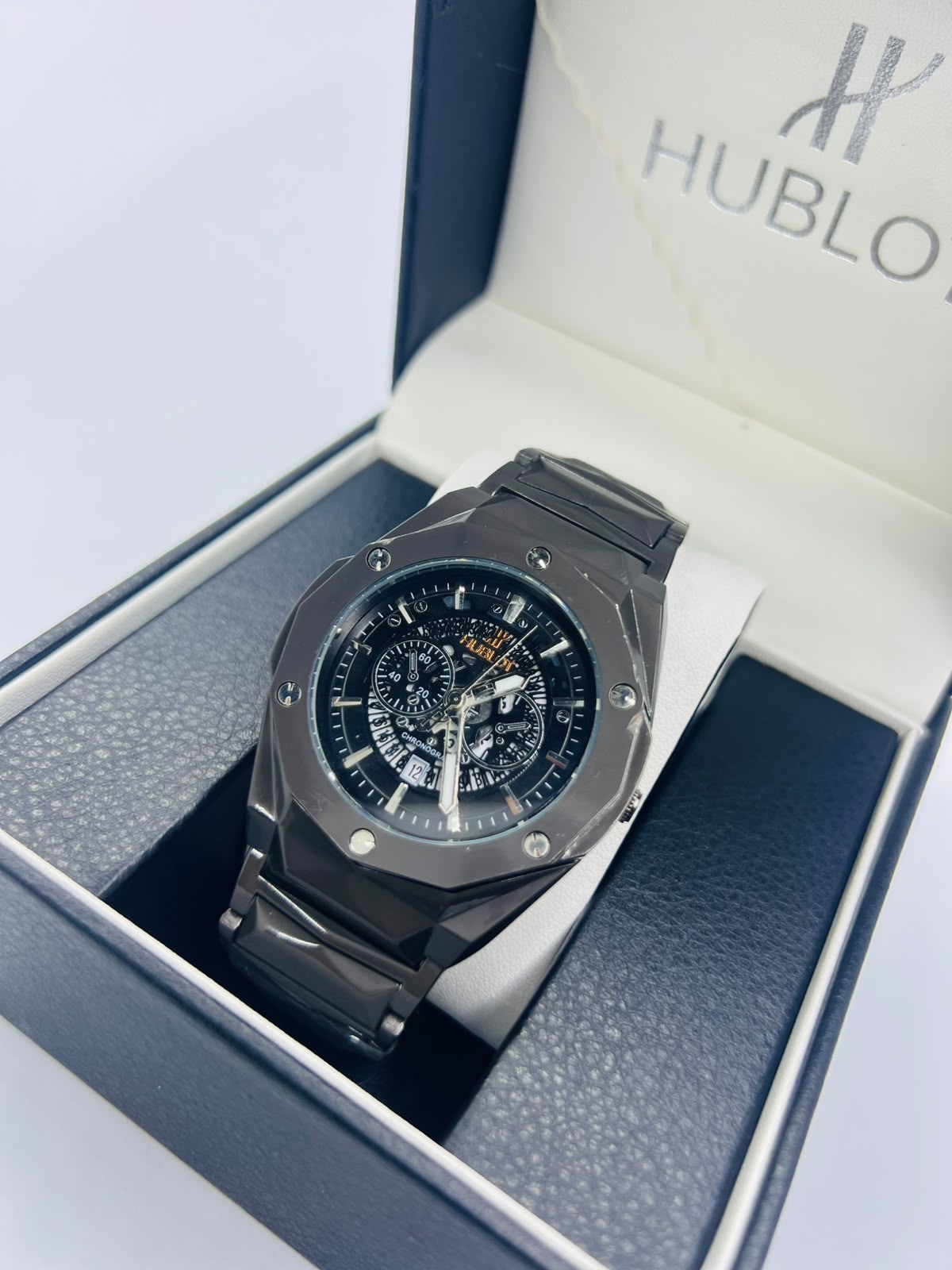 Diamond Cut Hublot Watch - White Dial Side