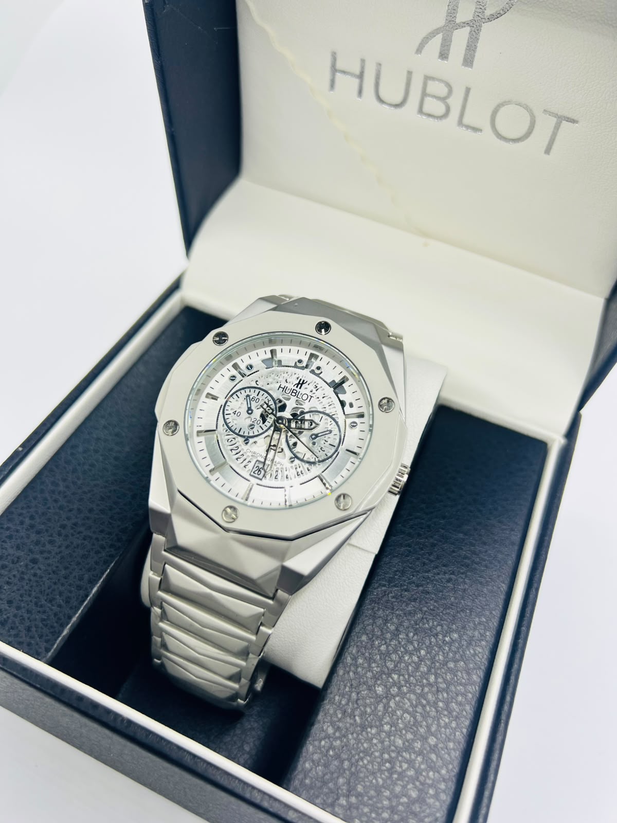 Diamond Cut Hublot Watch - White Dial Front