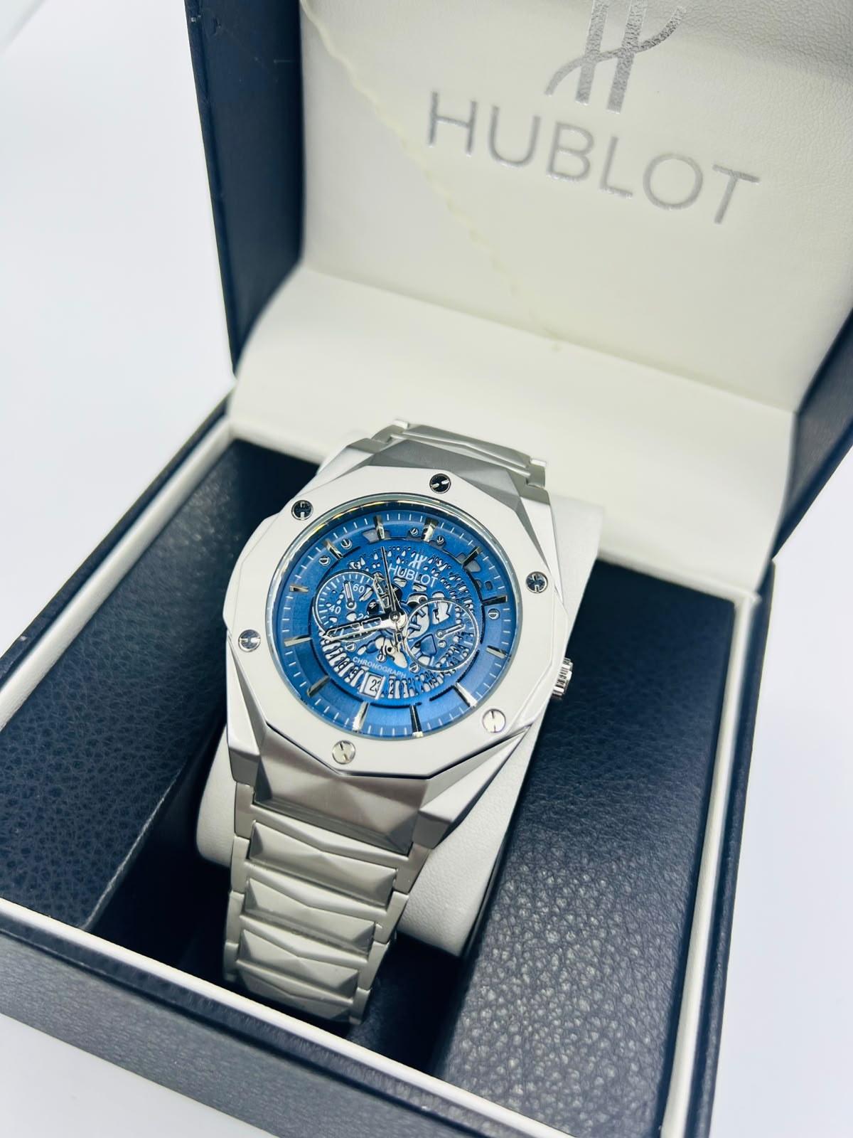 Diamond Cut Hublot Watch - Blue Dial