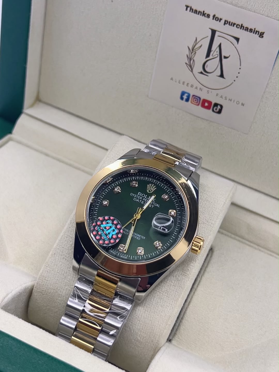 Rolex Datejust Arabic Dial - Green Dial Diamond Markers Front View