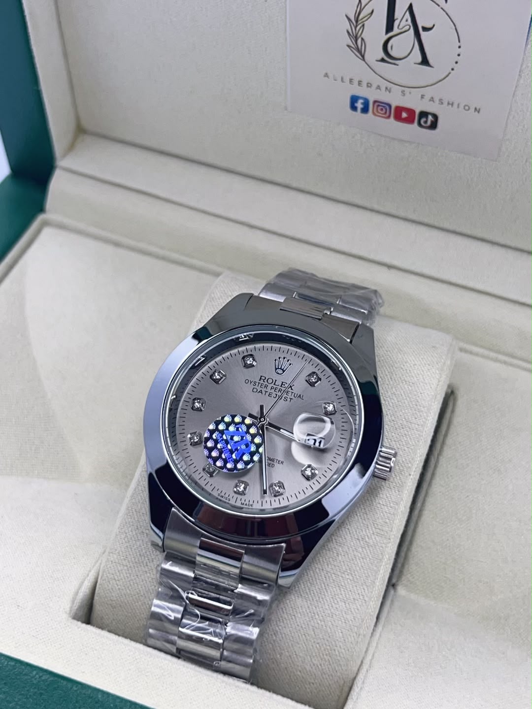Rolex Datejust Semi-Automatic - Silver Diamond Dial Front View in Box