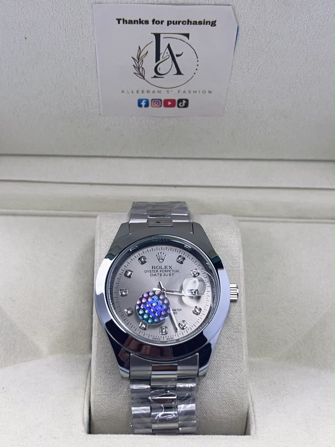 Rolex Datejust Semi-Automatic - Silver Diamond Dial Angle View in Box