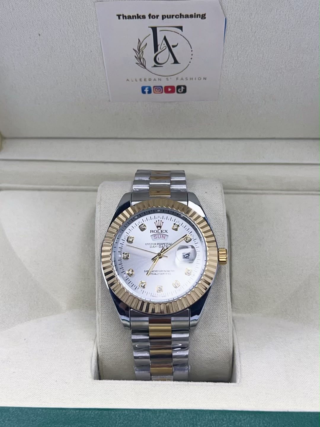 Rolex Day-Date - White Diamond Dial Front View in Box
