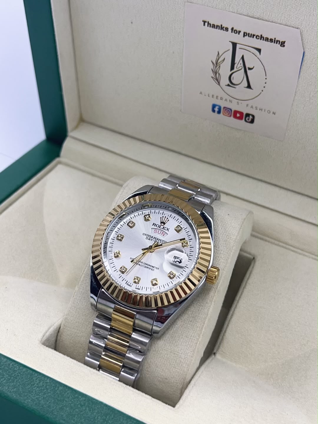 Rolex Day-Date - White Diamond Dial Angle View in Box
