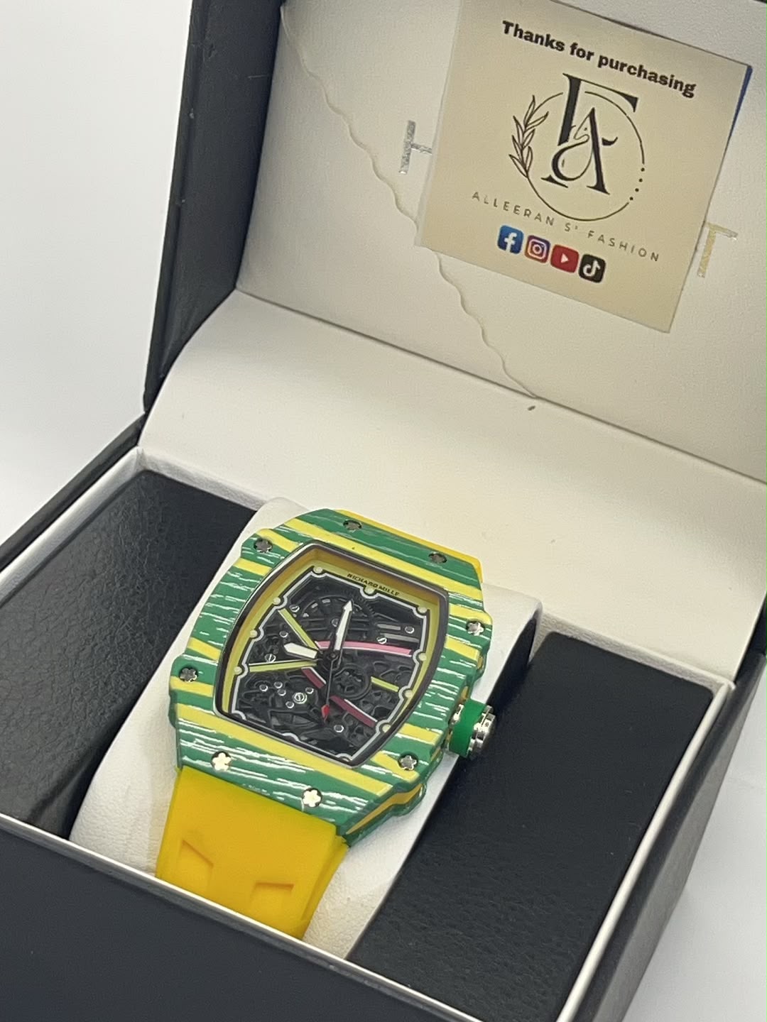 Richard Mille RM - Grey Carbon Case with Green Rubber Strap in Gift Box