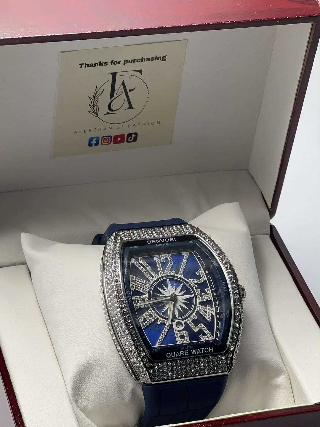 Denvosi Iced Out - Blue Dial Silver Case in Gift Box (Angle 1)