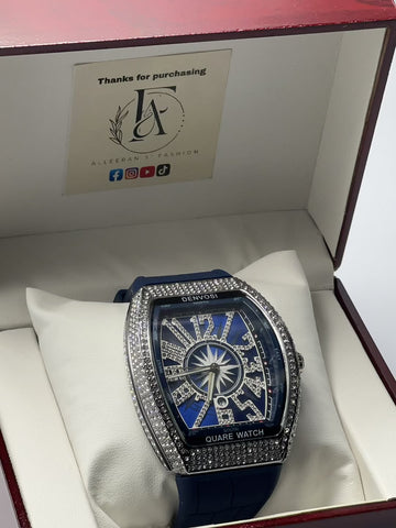 Denvosi Iced Out - Blue Dial Silver Case in Gift Box (Angle 1)