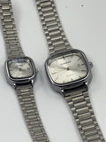 Gold square Casio watches with gold dials and metal link bracelets