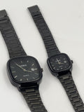 Silver square Casio watches with light dials and metal link bracelets